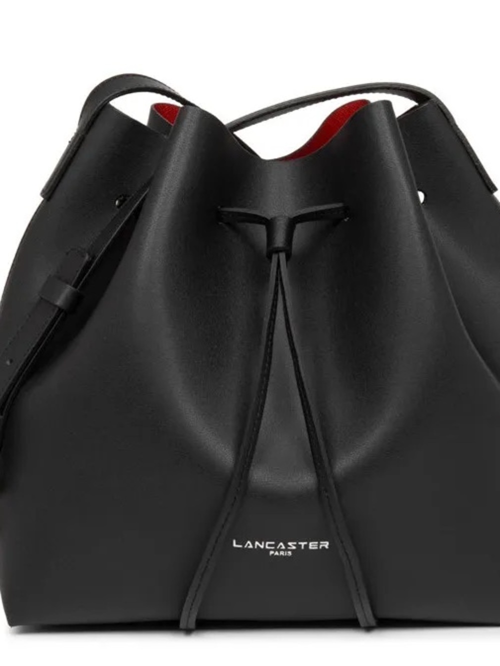 Lancaster Paris Black Leather Drawstring Bucket Bag with Red Interior